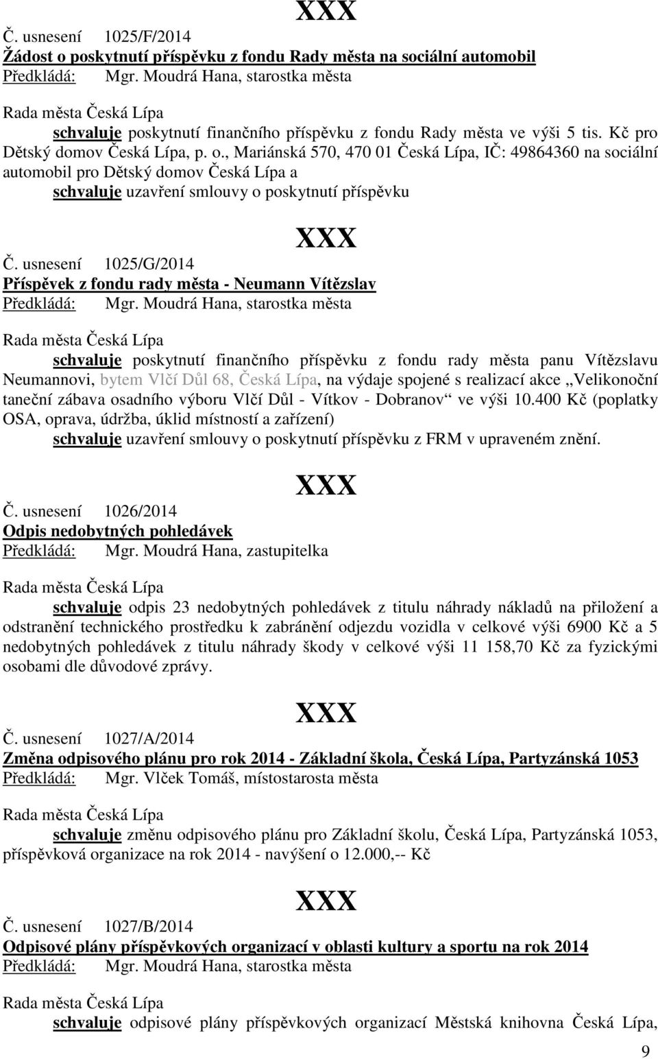 usnesení 1025/G/2014 Příspěvek z fondu rady města - Neumann Vítězslav schvaluje poskytnutí finančního příspěvku z fondu rady města panu Vítězslavu Neumannovi, bytem Vlčí Důl 68, Česká Lípa, na výdaje