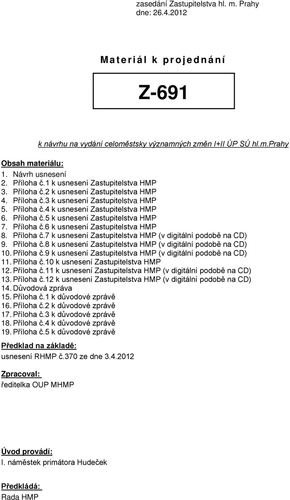 Příloha č.6 k usnesení Zastupitelstva HMP 8. Příloha č.7 k usnesení Zastupitelstva HMP (v digitální podobě na CD) 9. Příloha č.8 k usnesení Zastupitelstva HMP (v digitální podobě na CD) 10. Příloha č.9 k usnesení Zastupitelstva HMP (v digitální podobě na CD) 11.