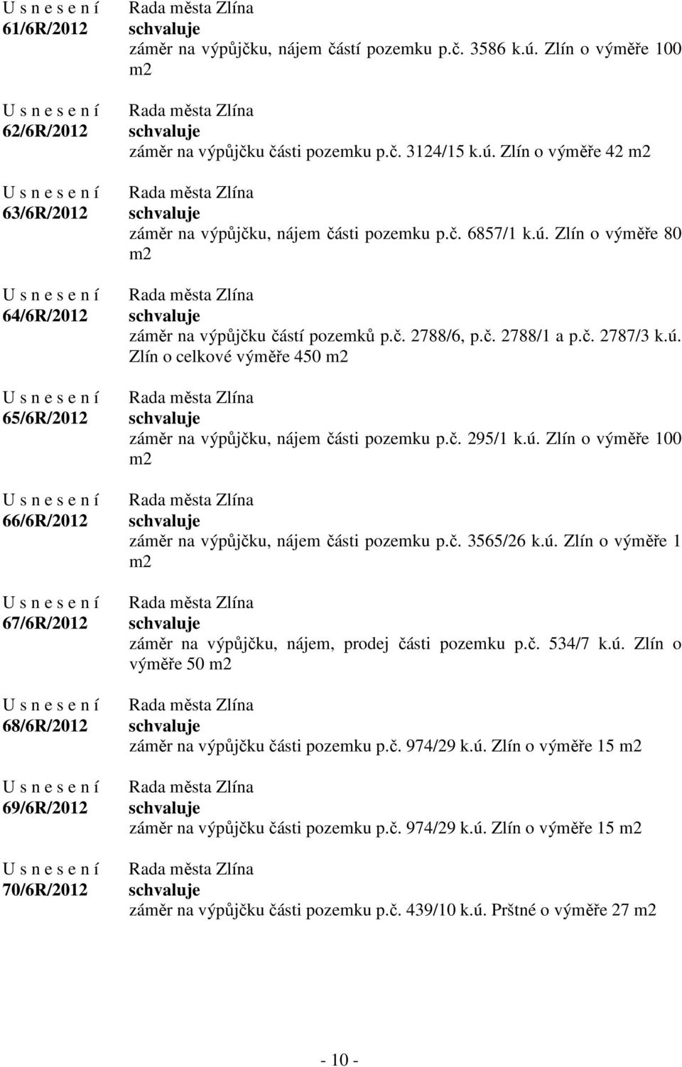 č. 2788/6, p.č. 2788/1 a p.č. 2787/3 k.ú. Zlín o celkové výměře 450 m2 záměr na výpůjčku, nájem části pozemku p.č. 295/1 k.ú. Zlín o výměře 100 m2 záměr na výpůjčku, nájem části pozemku p.č. 3565/26 k.