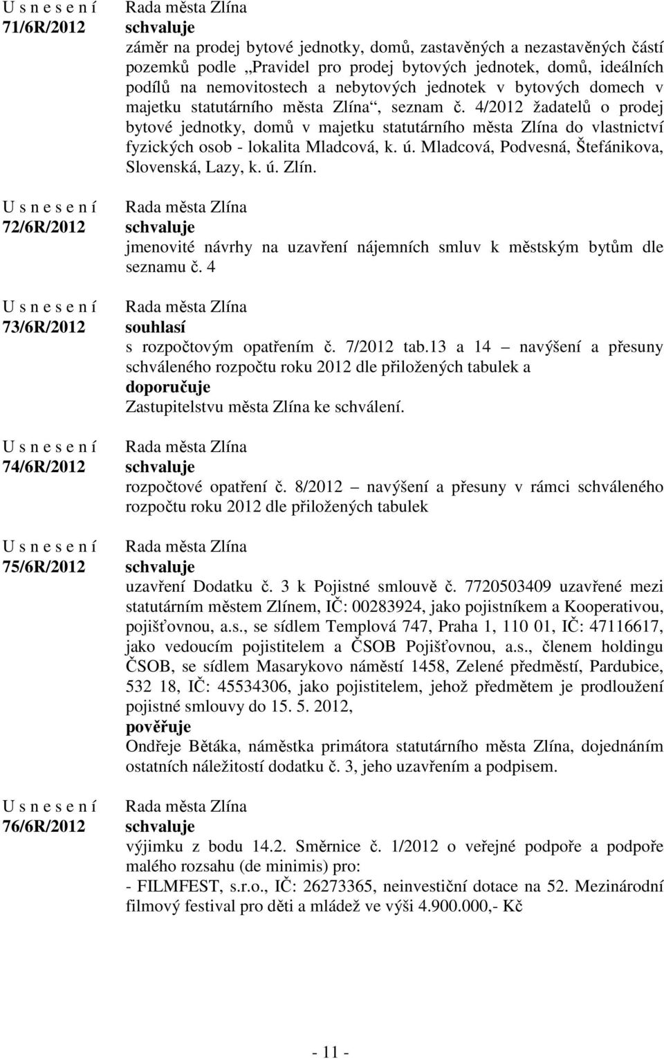 4/2012 žadatelů o prodej bytové jednotky, domů v majetku statutárního města Zlína do vlastnictví fyzických osob - lokalita Mladcová, k. ú. Mladcová, Podvesná, Štefánikova, Slovenská, Lazy, k. ú. Zlín. jmenovité návrhy na uzavření nájemních smluv k městským bytům dle seznamu č.