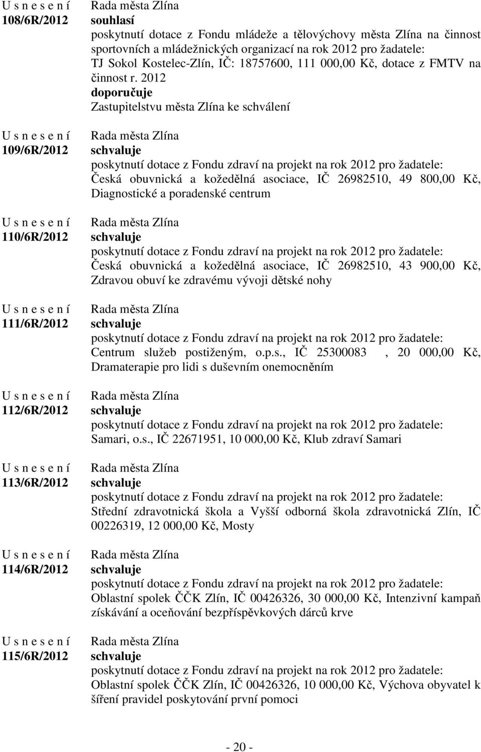 2012 Zastupitelstvu města Zlína ke schválení Česká obuvnická a kožedělná asociace, IČ 26982510, 49 800,00 Kč, Diagnostické a poradenské centrum Česká obuvnická a kožedělná asociace, IČ 26982510, 43