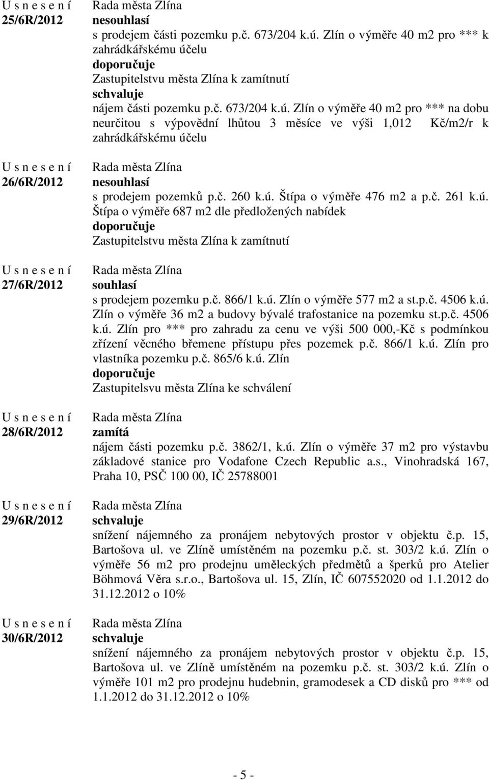 č. 260 k.ú. Štípa o výměře 476 m2 a p.č. 261 k.ú. Štípa o výměře 687 m2 dle předložených nabídek Zastupitelstvu města Zlína k zamítnutí souhlasí s prodejem pozemku p.č. 866/1 k.ú. Zlín o výměře 577 m2 a st.