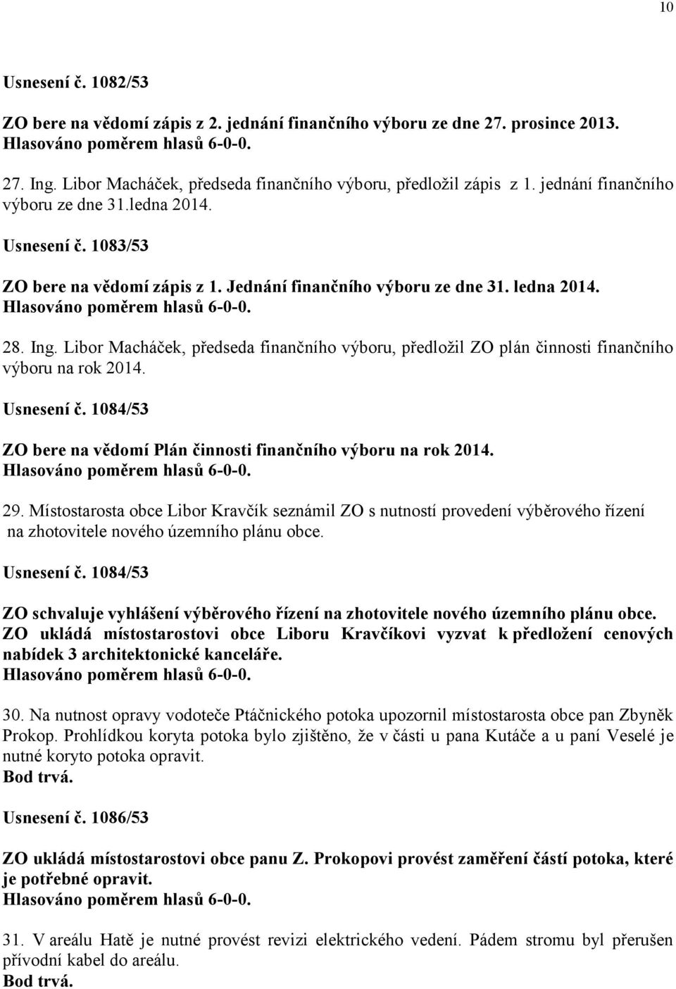 Libor Macháček, předseda finančního výboru, předložil ZO plán činnosti finančního výboru na rok 2014. Usnesení č. 1084/53 ZO bere na vědomí Plán činnosti finančního výboru na rok 2014. 29.