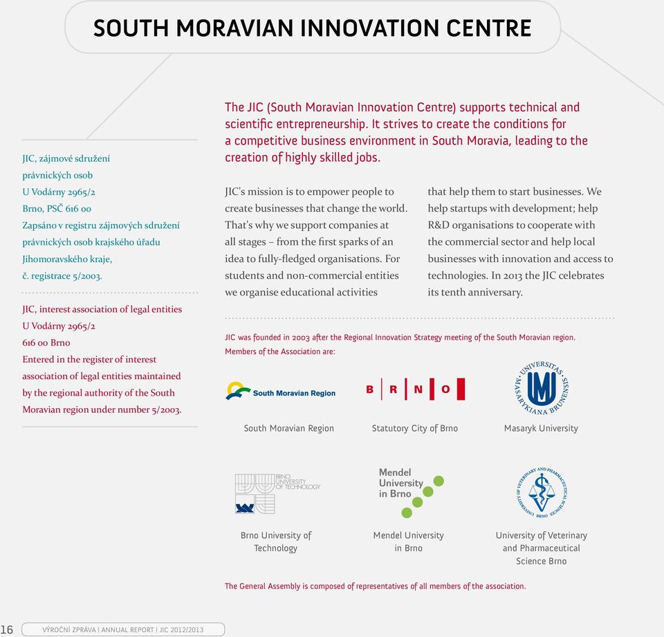 JIC, interest association of legal entities U Vodárny 2965/2 616 00 Brno Entered in the register of interest association of legal entities maintained by the regional authority of the South Moravian