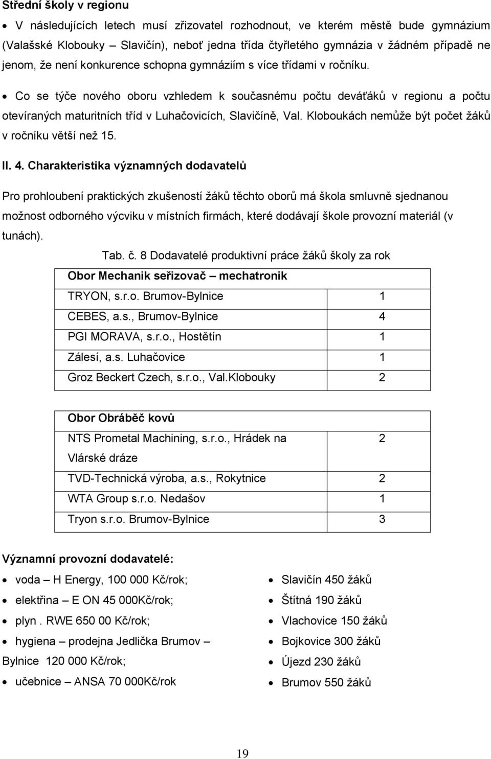 Co se týče nového oboru vzhledem k současnému počtu deváťáků v regionu a počtu otevíraných maturitních tříd v Luhačovicích, Slavičíně, Val. Kloboukách nemůže být počet žáků v ročníku větší než 15. II.