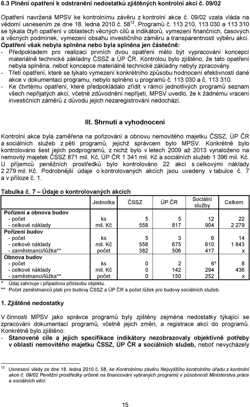 113 210, 113 030 a 113 310 se týkala čtyři opatření v oblastech věcných cílů a indikátorů, vymezení finančních, časových a věcných podmínek, vymezení obsahu investičního záměru a transparentnosti