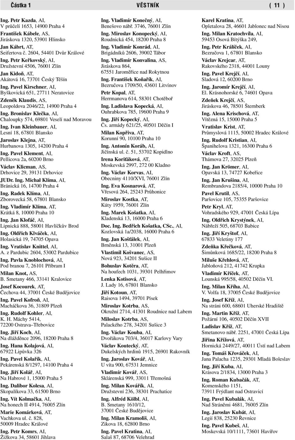 Pavel Kirschner, AI, Byškovická 651, 27711 Neratovice Zdeněk Klaudis, AS, Leopoldova 2046/22, 14900 Praha 4 Ing. Bronislav Klečka, AI, Chaloupky 574, 69801 Veselí nad Moravou Ing.