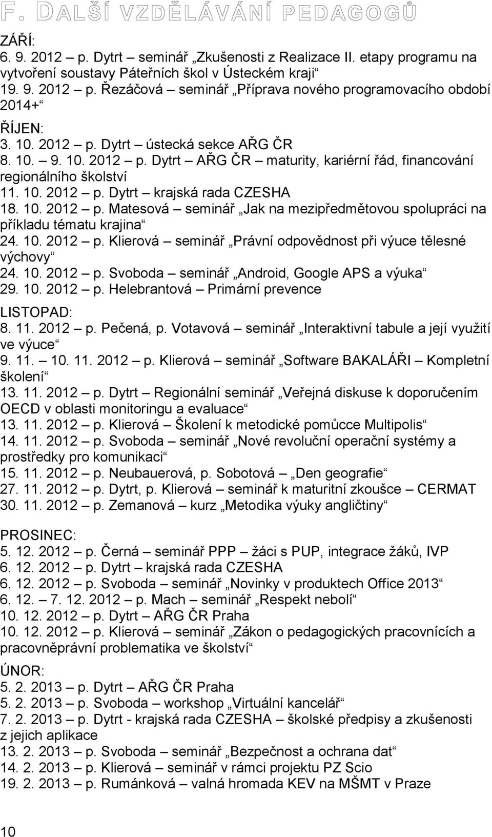 10. 2012 p. Klierová seminář Právní odpovědnost při výuce tělesné výchovy 24. 10. 2012 p. Svoboda seminář Android, Google APS a výuka 29. 10. 2012 p. Helebrantová Primární prevence LISTOPAD: 8. 11.