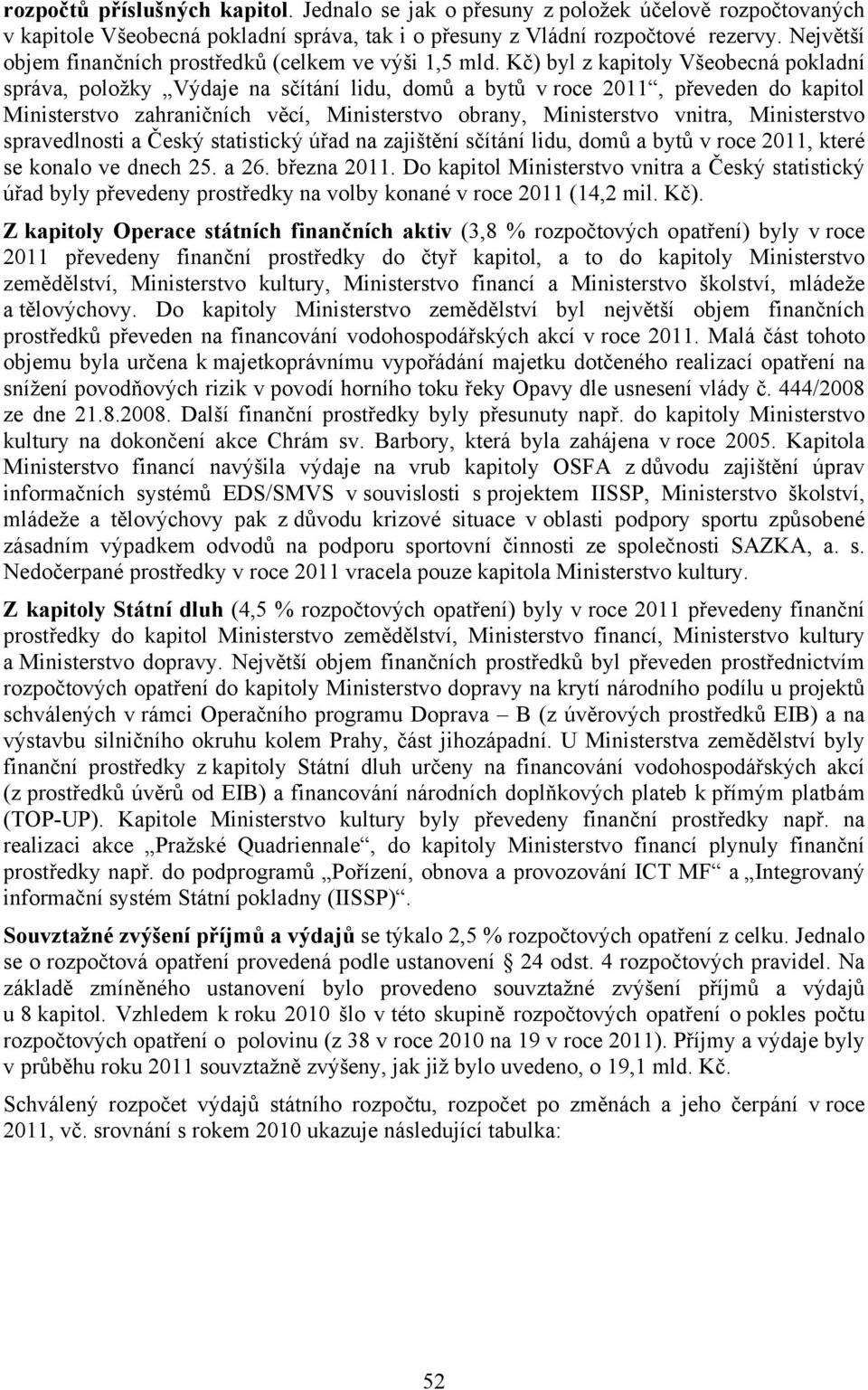 Kč) byl z kapitoly Všeobecná pokladní správa, položky Výdaje na sčítání lidu, domů a bytů v roce 2011, převeden do kapitol Ministerstvo zahraničních věcí, Ministerstvo obrany, Ministerstvo vnitra,