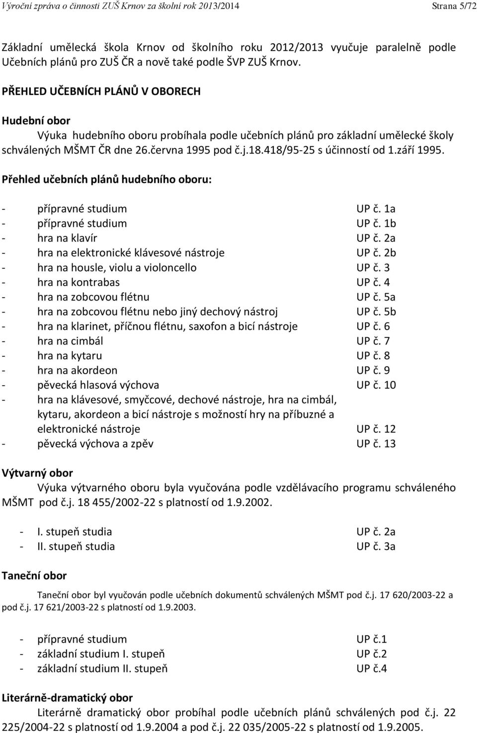 418/95-25 s účinností od 1.září 1995. Přehled učebních plánů hudebního oboru: - přípravné studium UP č. 1a - přípravné studium UP č. 1b - hra na klavír UP č.