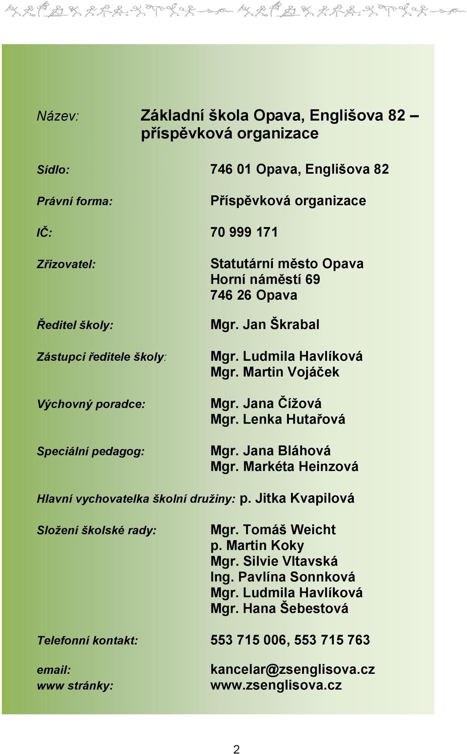 Jana Čížová Mgr. Lenka Hutařová Mgr. Jana Bláhová Mgr. Markéta Heinzová Hlavní vychovatelka školní družiny: p. Jitka Kvapilová Složení školské rady: Mgr. Tomáš Weicht p.