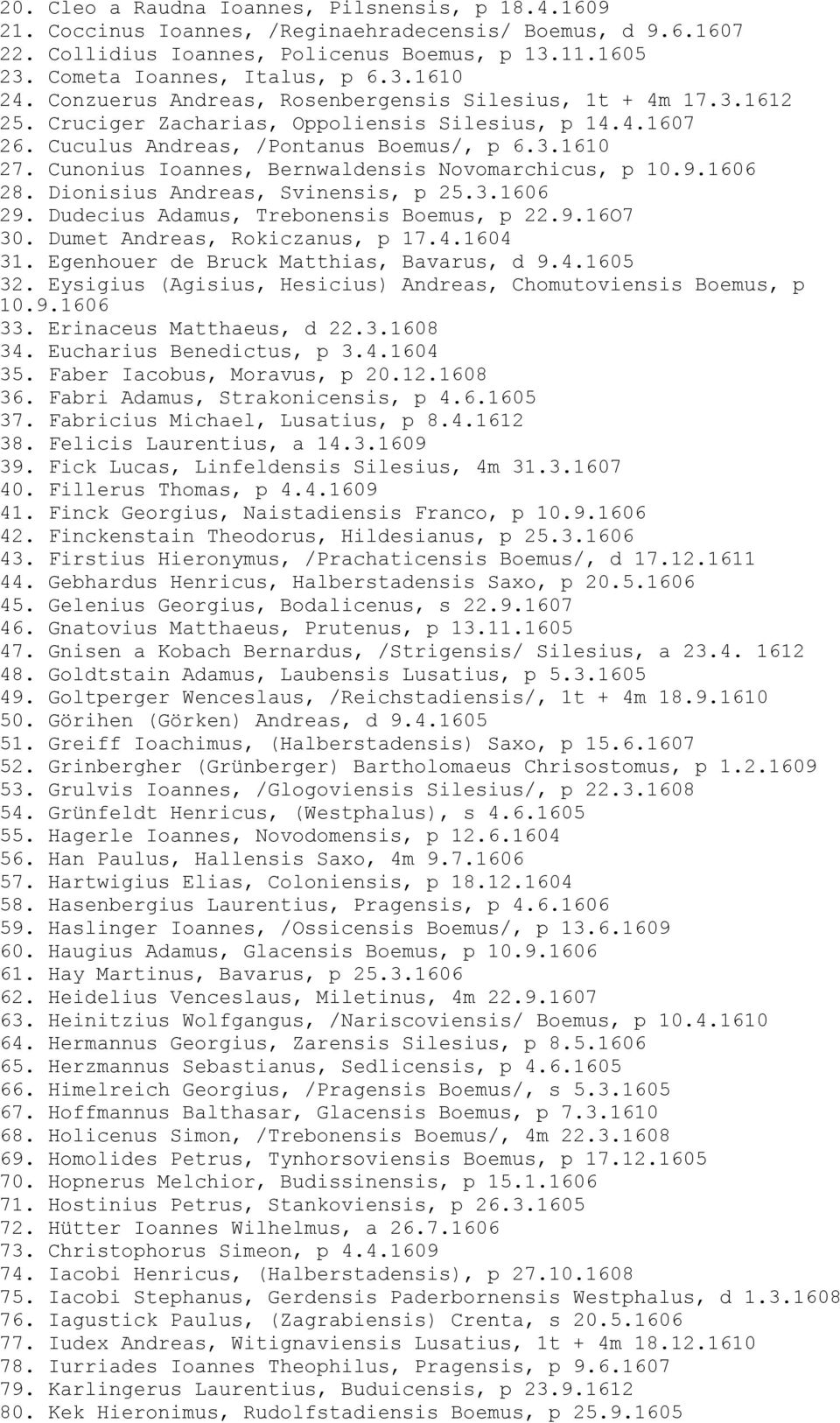 Cunonius Ioannes, Bernwaldensis Novomarchicus, p 10.9.1606 28. Dionisius Andreas, Svinensis, p 25.3.1606 29. Dudecius Adamus, Trebonensis Boemus, p 22.9.16O7 30. Dumet Andreas, Rokiczanus, p 17.4.