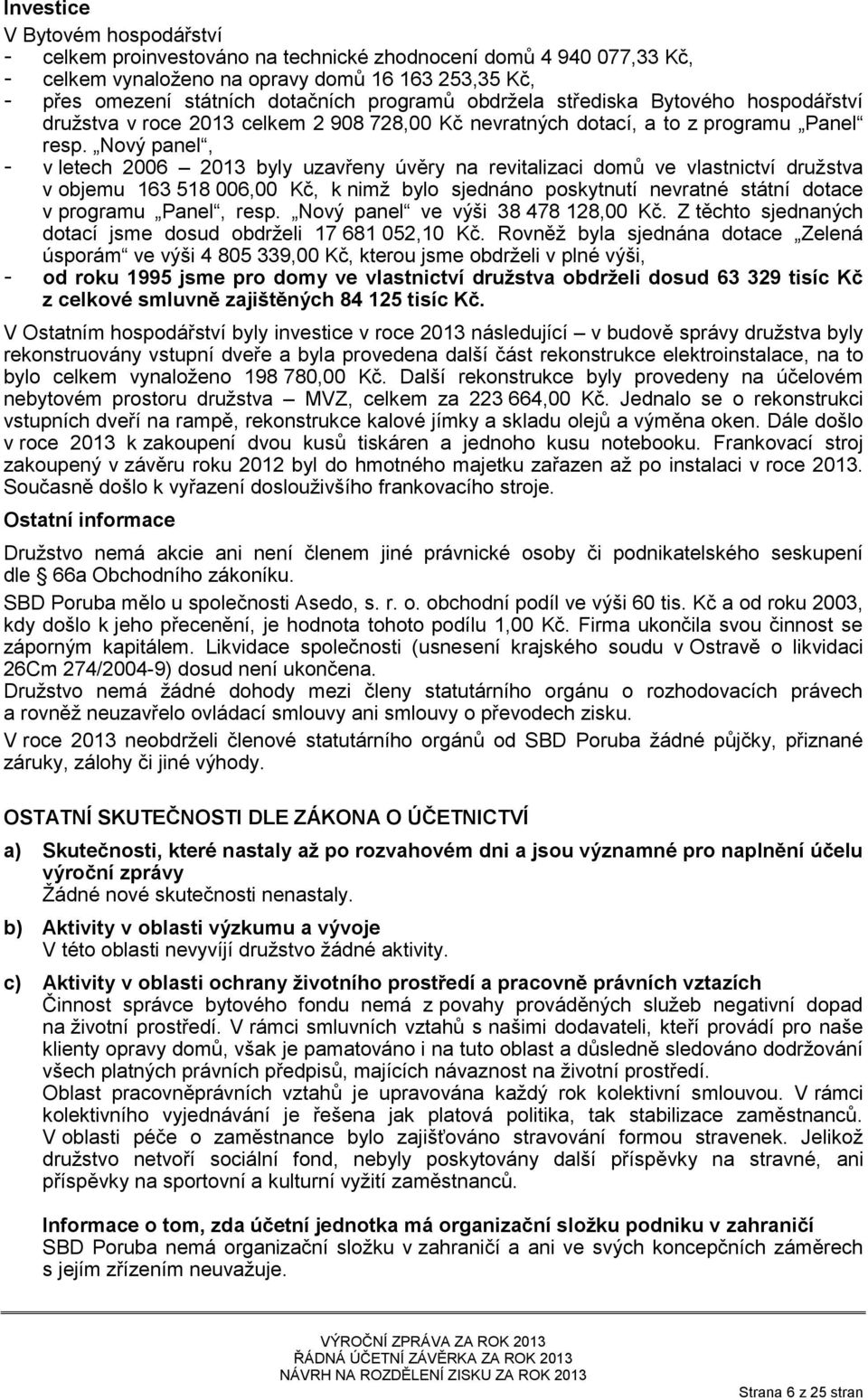 Nový panel, - v letech 2006 2013 byly uzavřeny úvěry na revitalizaci domů ve vlastnictví družstva v objemu 163 518 006,00 Kč, k nimž bylo sjednáno poskytnutí nevratné státní dotace v programu Panel,