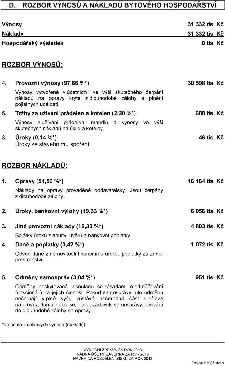 Kč Výnosy z užívání prádelen, mandlů a výnosy ve výši skutečných nákladů na úklid a kotelny. 3. Úroky (0,14 %*) 46 tis. Kč Úroky ke stavebnímu spoření ROZBOR NÁKLADŮ: 1. Opravy (51,59 %*) 16 164 tis.