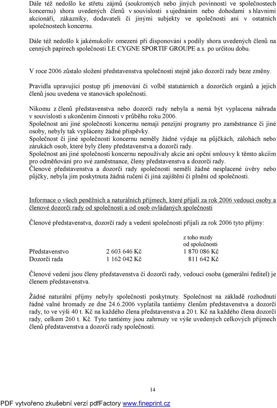 Dále též nedošlo k jakémukoliv omezení při disponování s podíly shora uvedených členů na cenných papírech společnosti LE CYGNE SPORTIF GROUPE a.s. po určitou dobu.