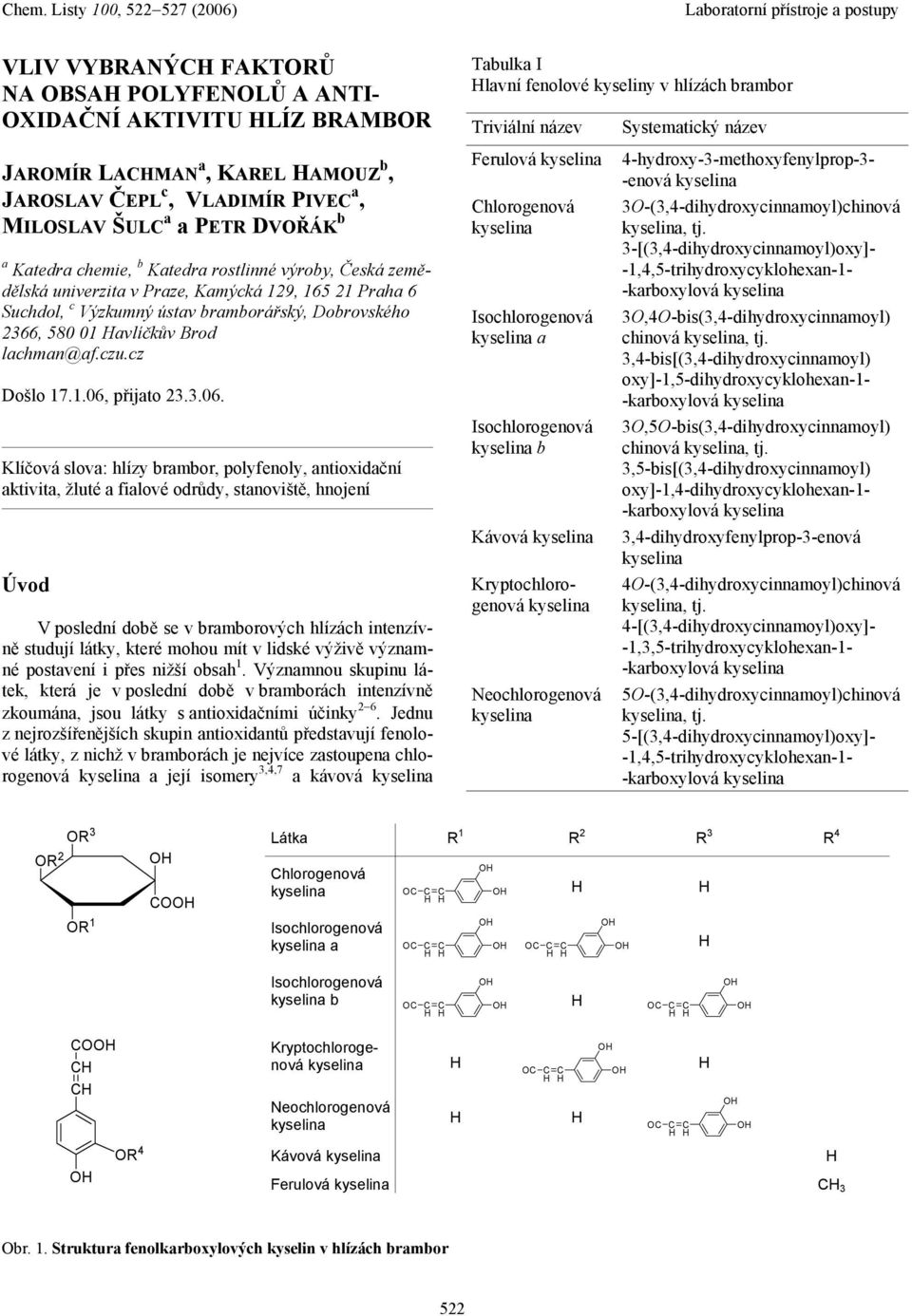 3.06. Klíčová slova: hlízy brambor, polyfenoly, antioxidační aktivita, žluté a fialové odrůdy, stanoviště, hnojení Úvod V poslední době se v bramborových hlízách intenzívně studují látky, které mohou