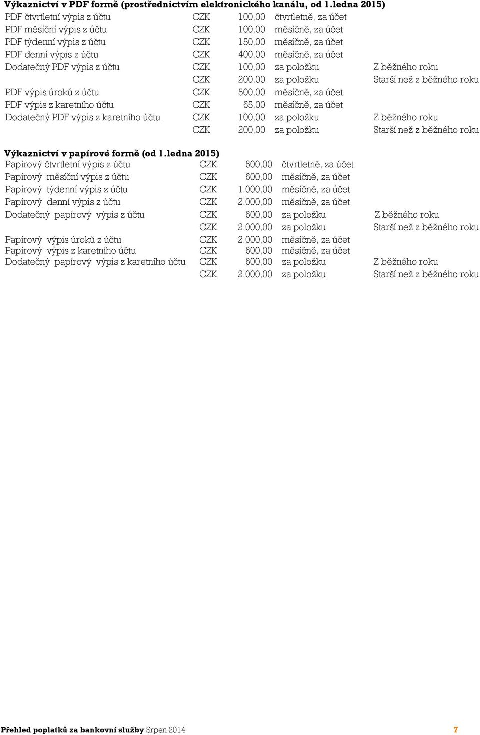 CZK 400,00 měsíčně, za účet Dodatečný PDF výpis z účtu CZK 100,00 za položku Z běžného roku CZK 200,00 za položku Starší než z běžného roku PDF výpis úroků z účtu CZK 500,00 měsíčně, za účet PDF