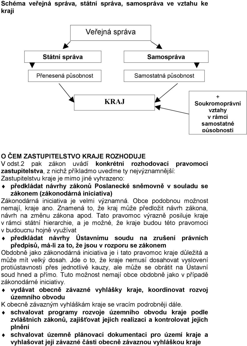 2 pak zákon uvádí konkrétní rozhodovací pravomoci zastupitelstva, z nichž příkladmo uveďme ty nejvýznamnější: Zastupitelstvu kraje je mimo jiné vyhrazeno: předkládat návrhy zákonů Poslanecké sněmovně