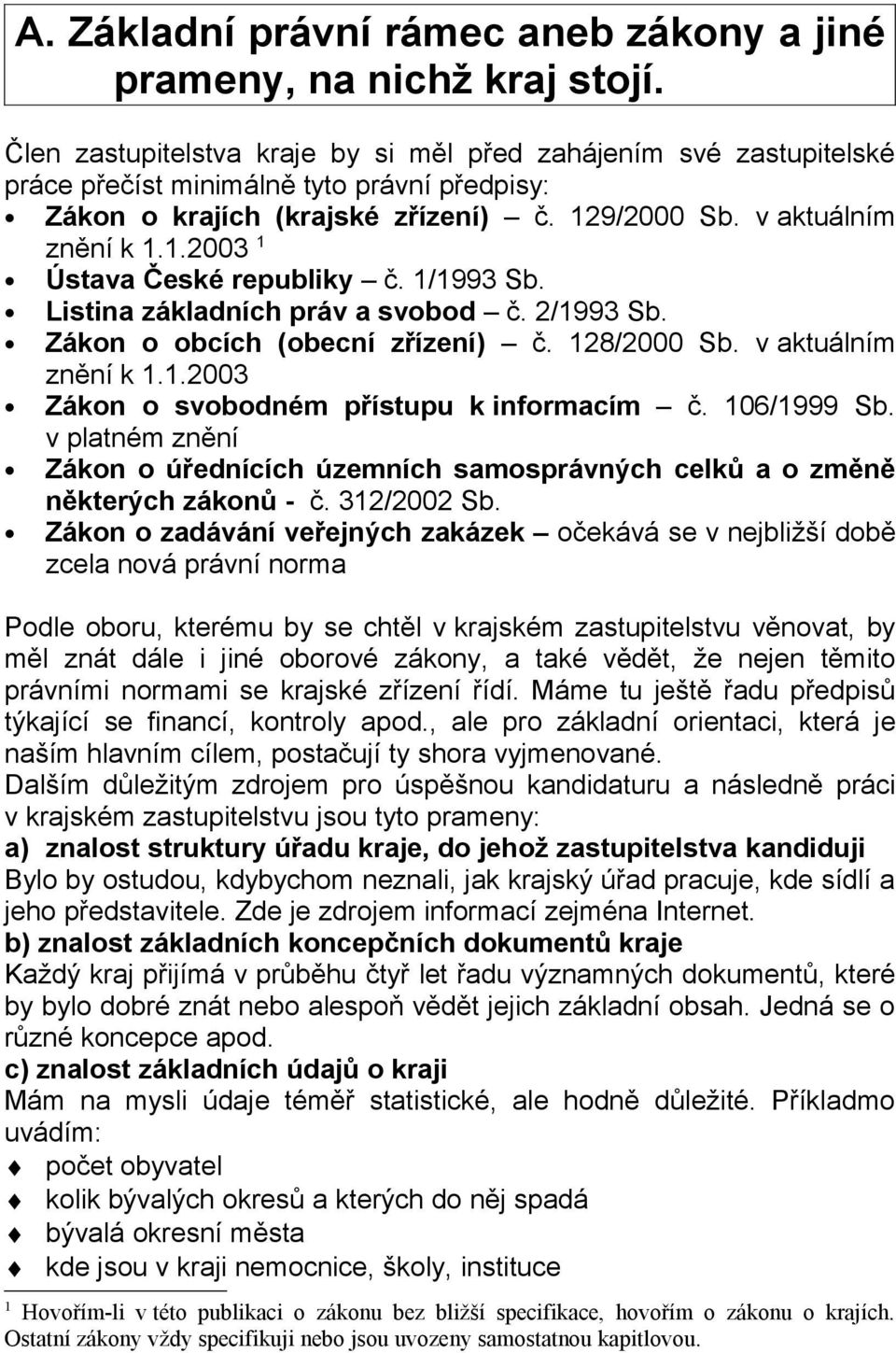 1/1993 Sb. Listina základních práv a svobod č. 2/1993 Sb. Zákon o obcích (obecní zřízení) č. 128/2000 Sb. v aktuálním znění k 1.1.2003 Zákon o svobodném přístupu k informacím č. 106/1999 Sb.