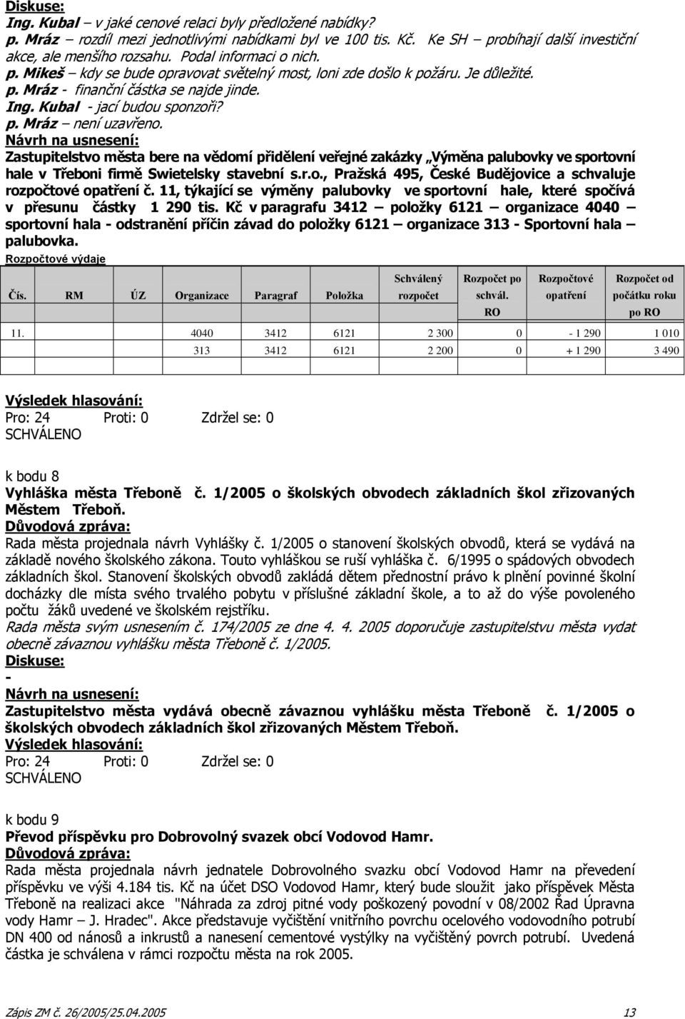 Zastupitelstvo města bere na vědomí přidělení veřejné zakázky Výměna palubovky ve sportovní hale v Třeboni firmě Swietelsky stavební s.r.o., Pražská 495, České Budějovice a schvaluje rozpočtové opatření č.