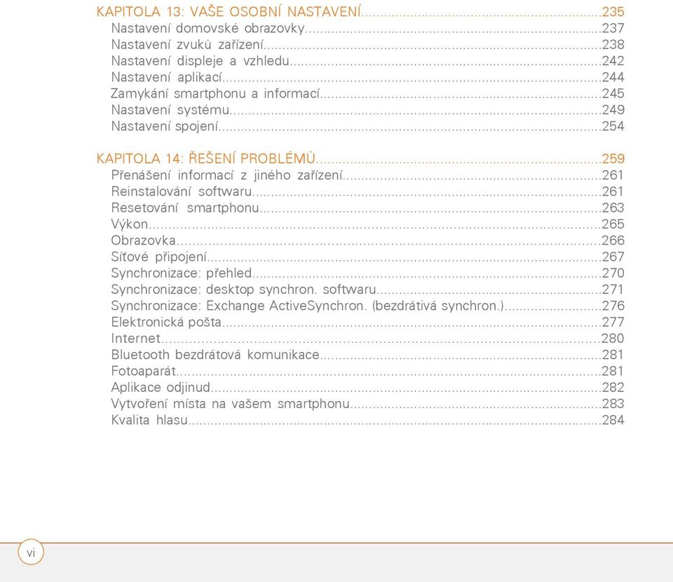 ..261 Resetování smartphonu...263 Výkon...265 Obrazovka...266 Síťové připojení...267 Synchronizace: přehled...270 Synchronizace: desktop synchron. softwaru.