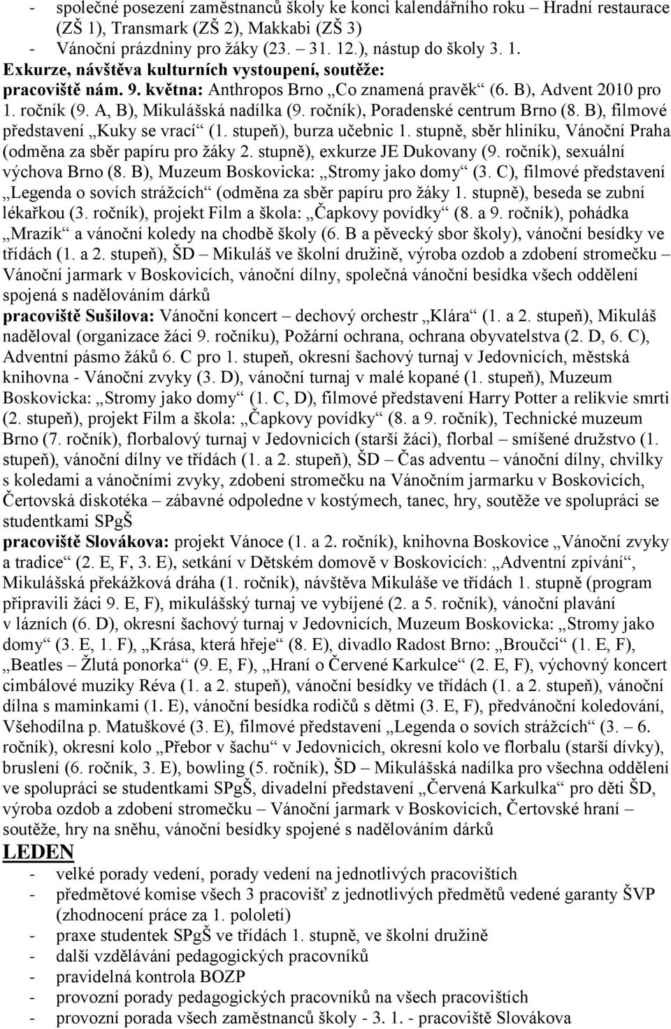 stupeň), burza učebnic 1. stupně, sběr hliníku, Vánoční Praha (odměna za sběr papíru pro ţáky 2. stupně), exkurze JE Dukovany (9. ročník), sexuální výchova Brno (8.