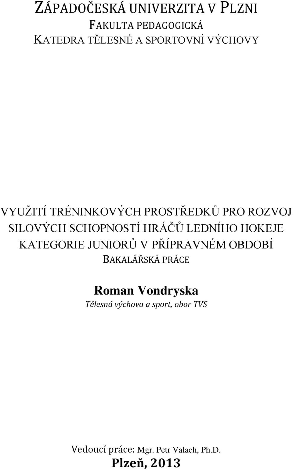 LEDNÍHO HOKEJE KATEGORIE JUNIORŮ V PŘÍPRAVNÉM OBDOBÍ BAKALÁŘSKÁ PRÁCE Roman