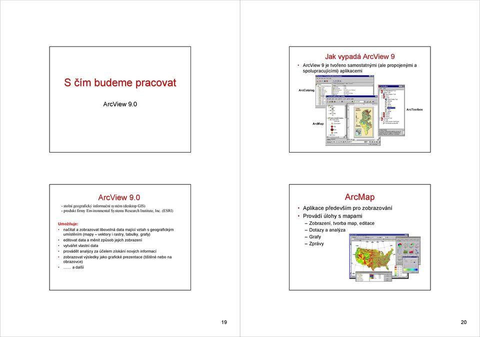 (ESRI) Umožňuje: načítat a zobrazovat libovolná data mající vztah s geografickým umístěním (mapy vektory i rastry, tabulky, grafy) editovat data a měnit způsob jejich zobrazení