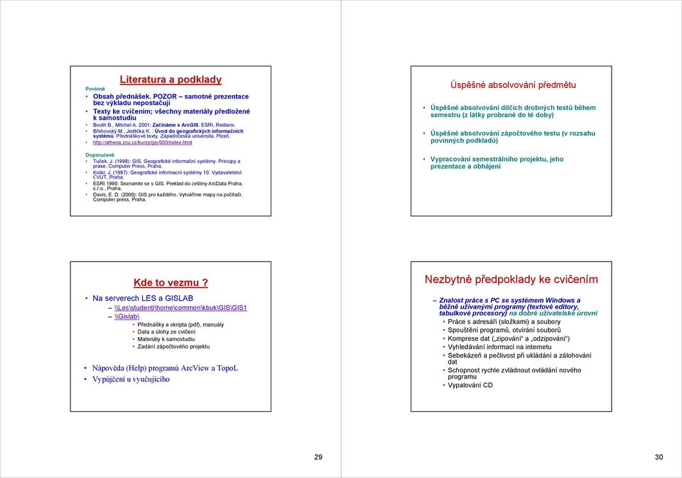 cz/kurzy/gis/000/index.html Doporučené Tuček, J. (1998): GIS. Geografické informační systémy. Principy a praxe. Computer Press, Praha. Kolář, J. (1997): Geografické informační systémy 10.