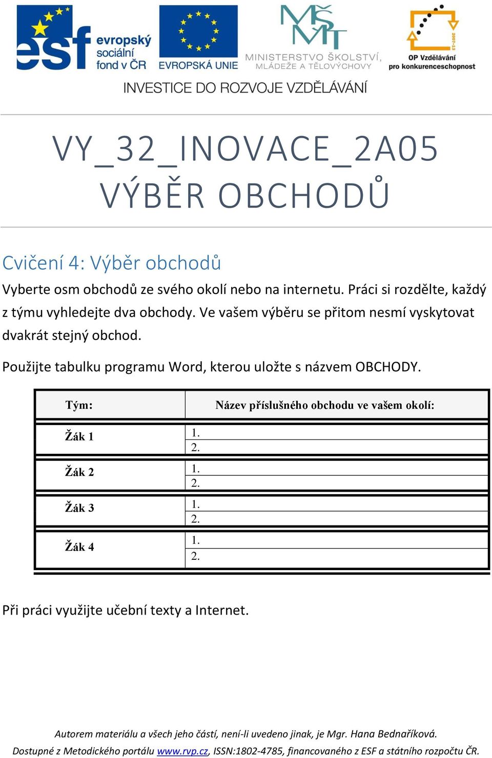 Pužijte tabulku prgramu Wrd, kteru ulžte s názvem OBCHODY. Tým: Název příslušnéh bchdu ve vašem klí: Žák 1 1. 2. Žák 2 1. 2. Žák 3 1. 2. Žák 4 1.