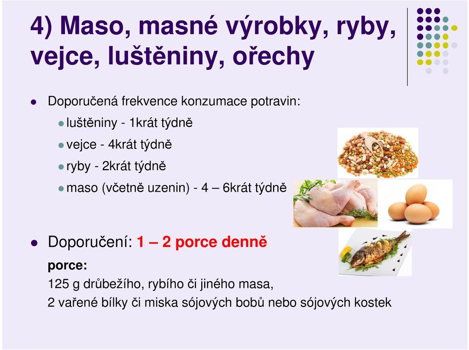 maso (včetně uzenin) - 4 6krát týdně Doporučení: 1 2 porce denně porce: 125 g