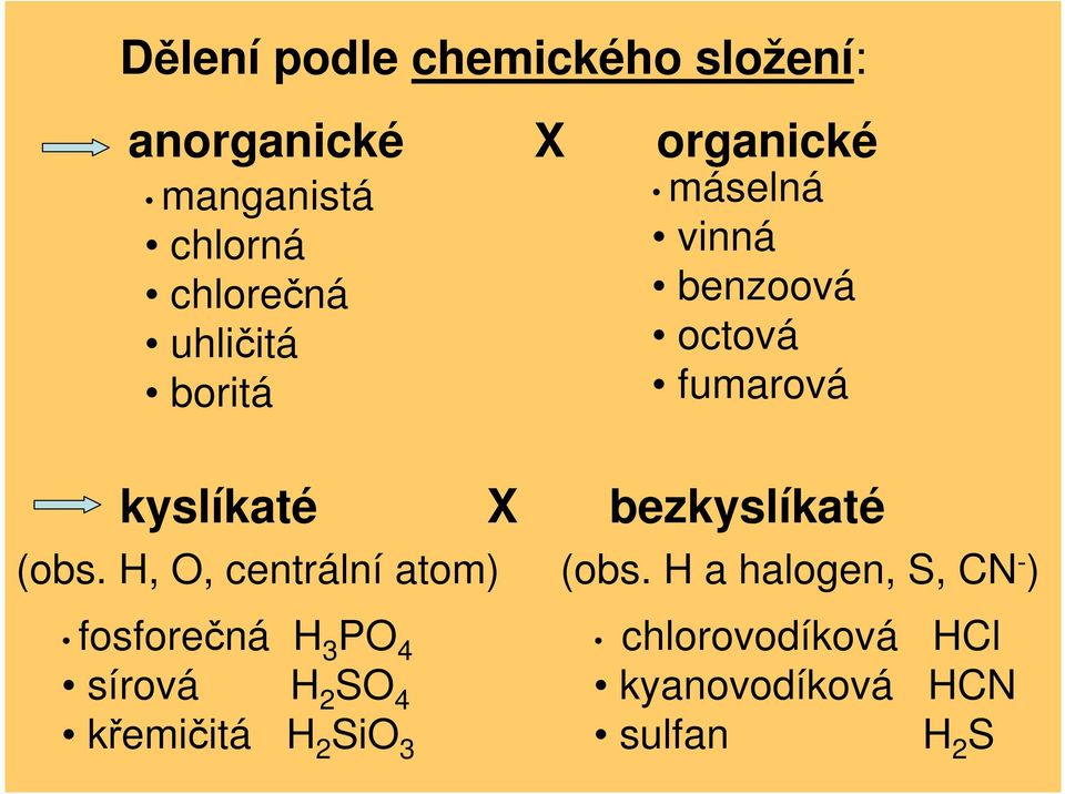 fosforečná H 3 PO 4 sírová H 2 SO 4 křemičitá H 2 SiO 3 X bezkyslíkaté (obs.