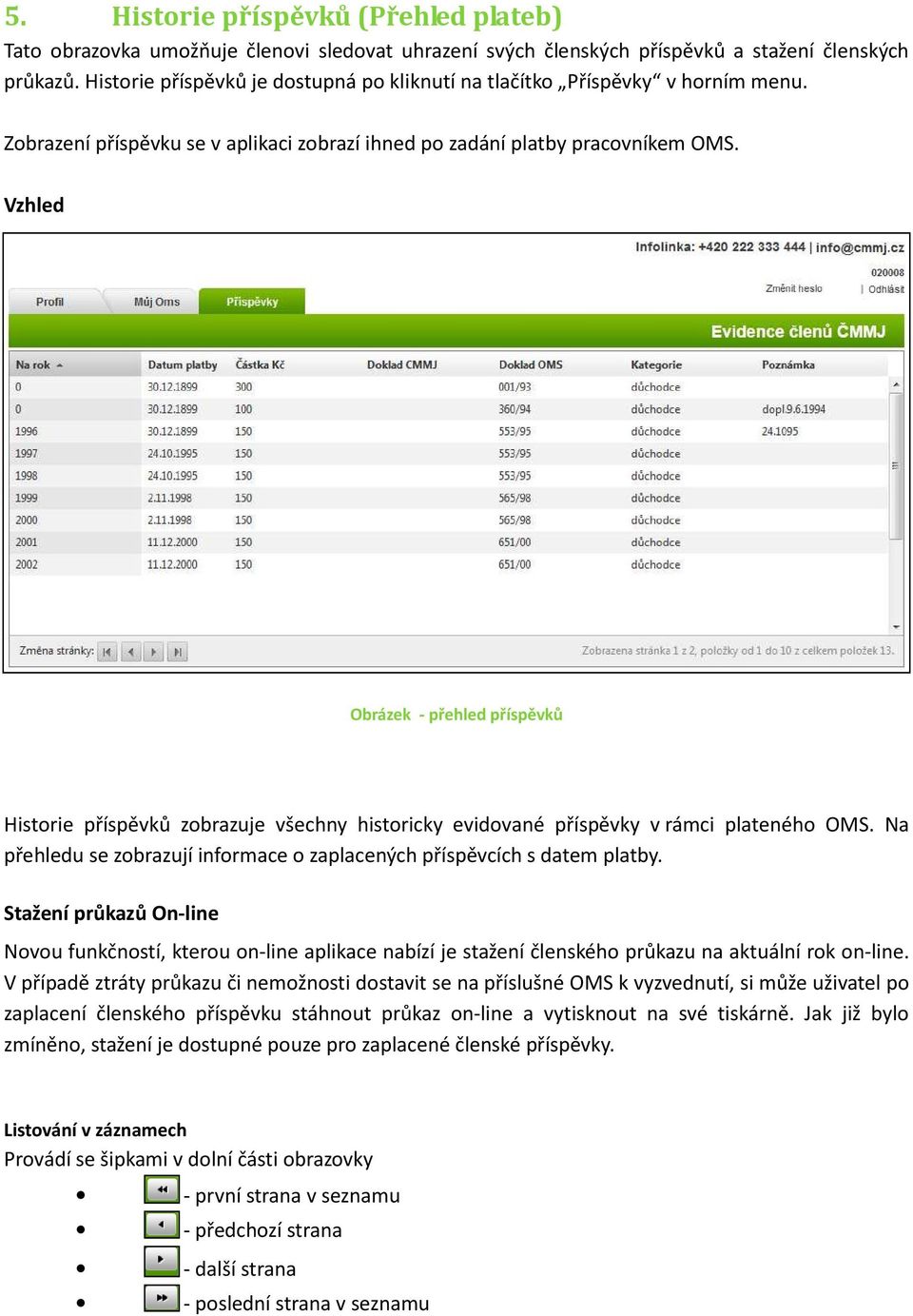 Vzhled Obrázek - přehled příspěvků Historie příspěvků zobrazuje všechny historicky evidované příspěvky v rámci plateného OMS.
