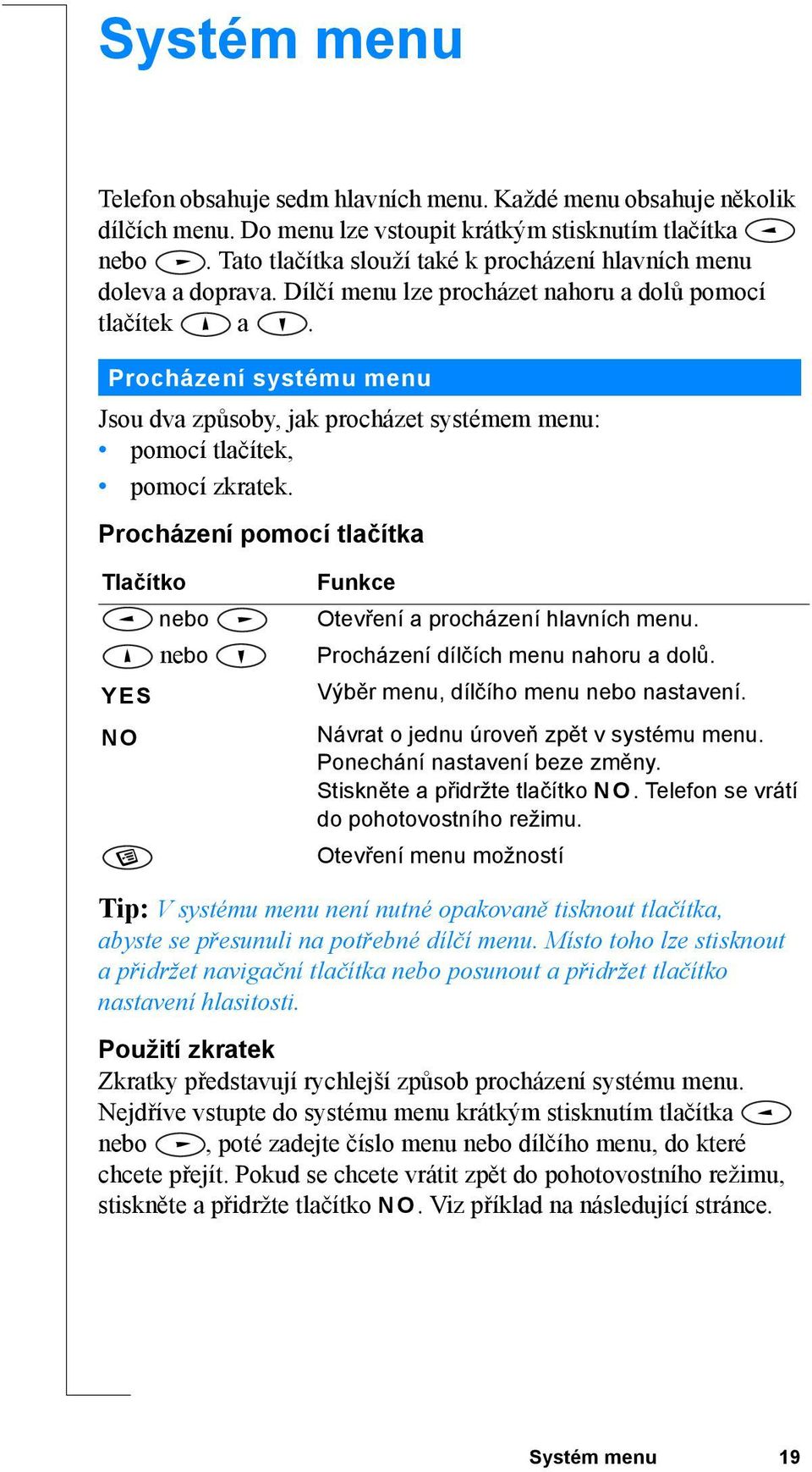 Procházení systému menu Jsou dva způsoby, jak procházet systémem menu: pomocí tlačítek, pomocí zkratek. Procházení pomocí tlačítka Tlačítko nebo nebo YES NO Funkce Otevření a procházení hlavních menu.