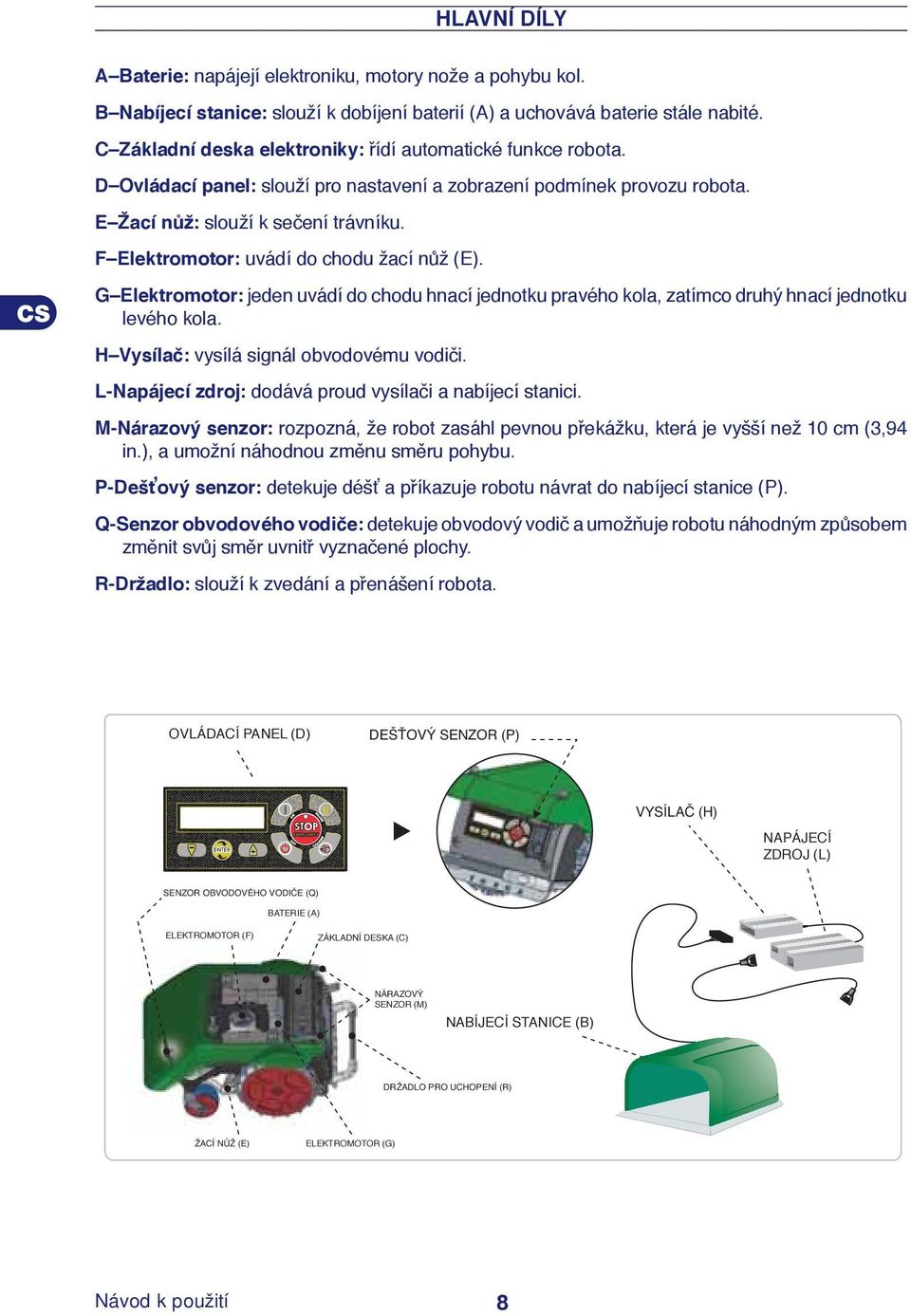 F Elektromotor: uvádí do chodu žací nůž (E). G Elektromotor: jeden uvádí do chodu hnací jednotku pravého kola, zatímco druhý hnací jednotku levého kola. H Vysílač: vysílá signál obvodovému vodiči.