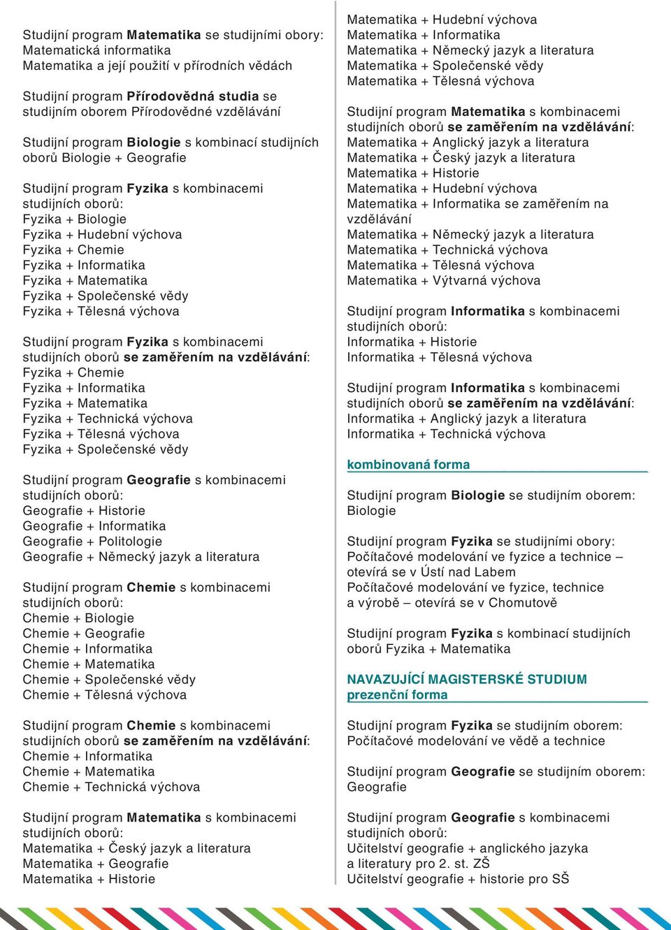 Fyzika + Matematika Fyzika + Společenské vědy Fyzika + Tělesná výchova Studijní program Fyzika s kombinacemi studijních oborů se zaměřením na vzdělávání: Fyzika + Chemie Fyzika + Informatika Fyzika +