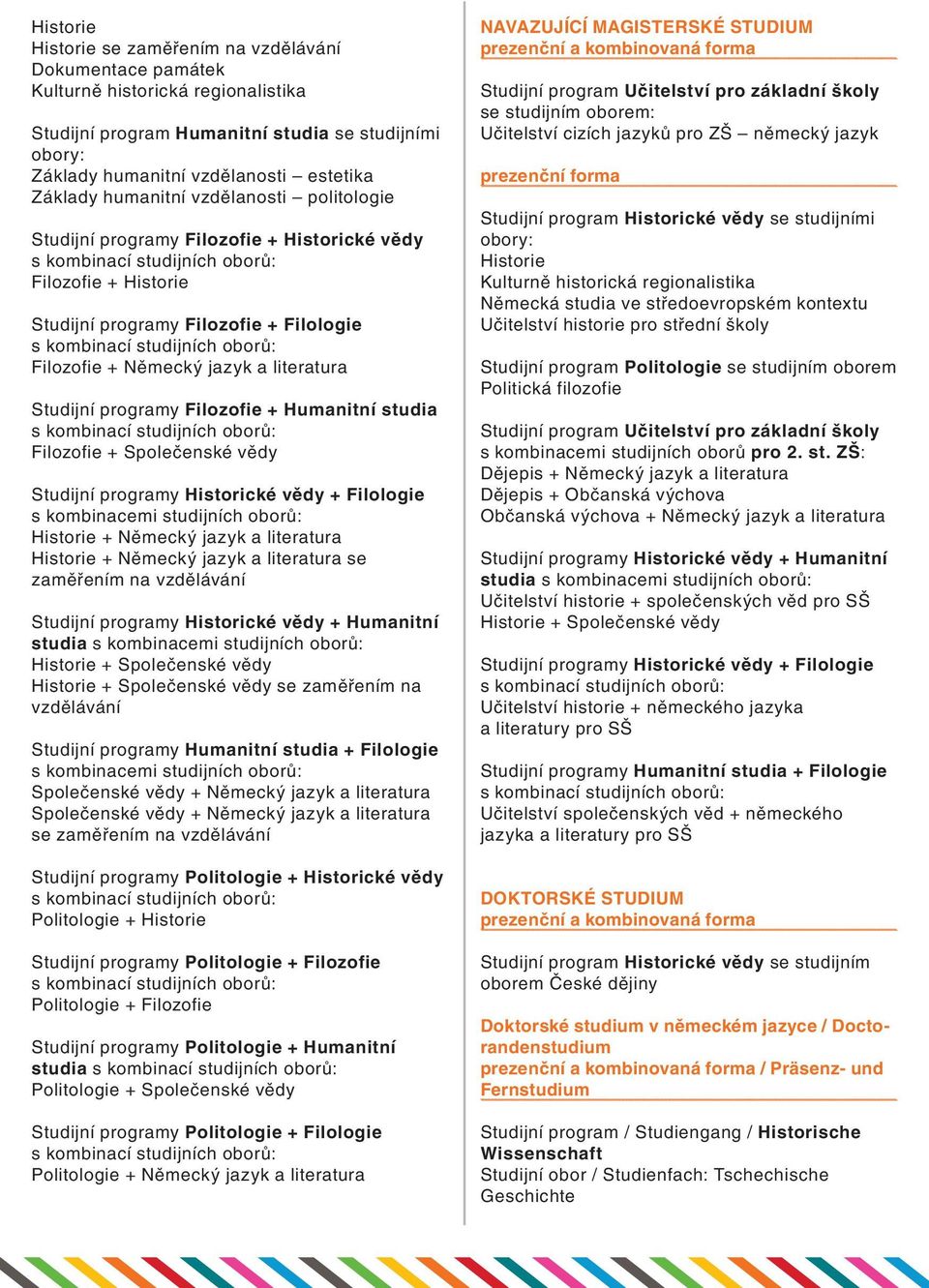 Filozofie + Humanitní studia Filozofie + Společenské vědy Studijní programy Historické vědy + Filologie s kombinacemi studijních oborů: Historie + Německý jazyk Historie + Německý jazyk se zaměřením