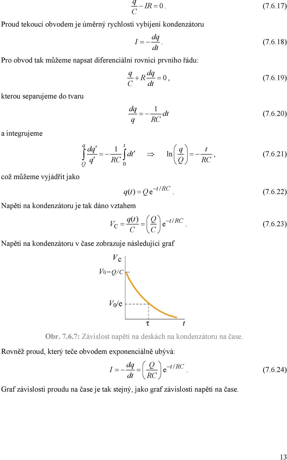 Napětí na kondenzátoru v čase zobrazuje následující graf = (7.6.) qt () Q t/ C = = e. (7.6.3) C C Obr. 7.6.7: Závislost napětí na deskách na kondenzátoru na čase.