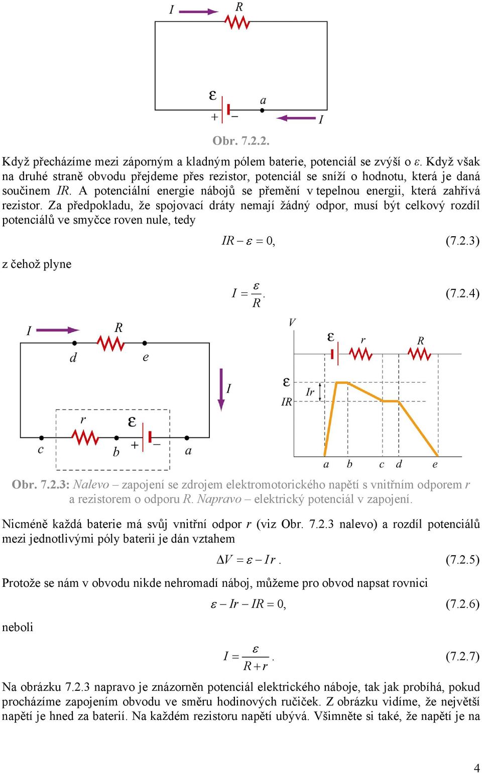 Za předpokladu, že spojovací dráty nemají žádný odpor, musí být celkový rozdíl potenciálů ve smyčce roven nule, tedy z čehož plyne I = 0, (7..3) I =. (7..4) Obr. 7.