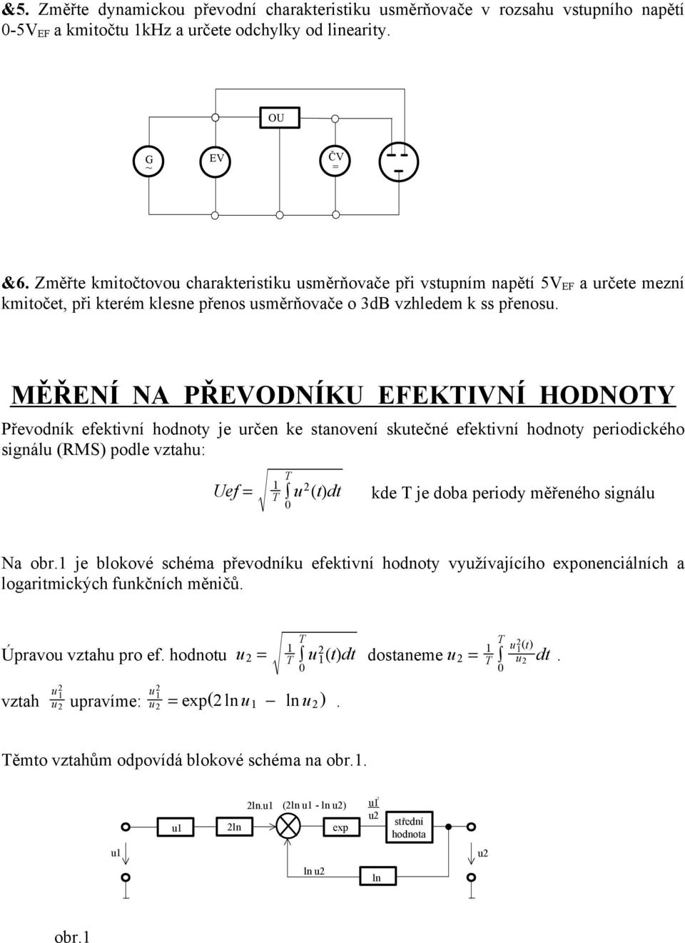 MĚŘENÍ NA PŘEVODNÍK EFEKTIVNÍ HODNOTY Převodník efektivní hodnoty je určen ke stanovení skutečné efektivní hodnoty periodického signálu (RMS) podle vztahu: ef T 1 T u 2 (t)dt 0 kde T je doba periody