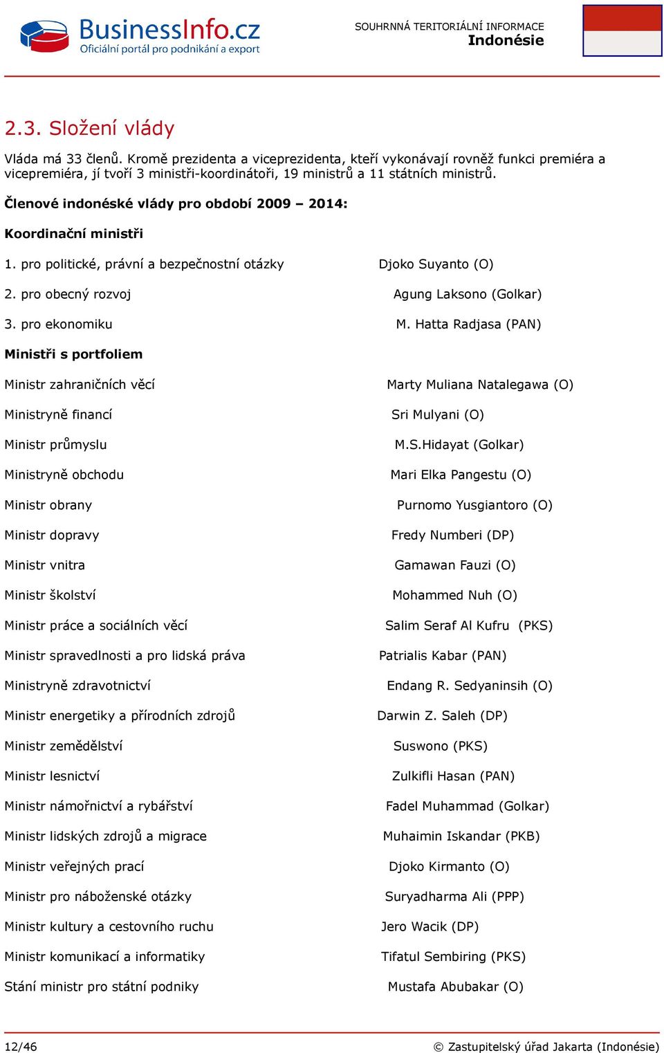 Hatta Radjasa (PAN) Ministři s portfoliem Ministr zahraničních věcí Ministryně financí Ministr průmyslu Ministryně obchodu Ministr obrany Ministr dopravy Ministr vnitra Ministr školství Ministr práce