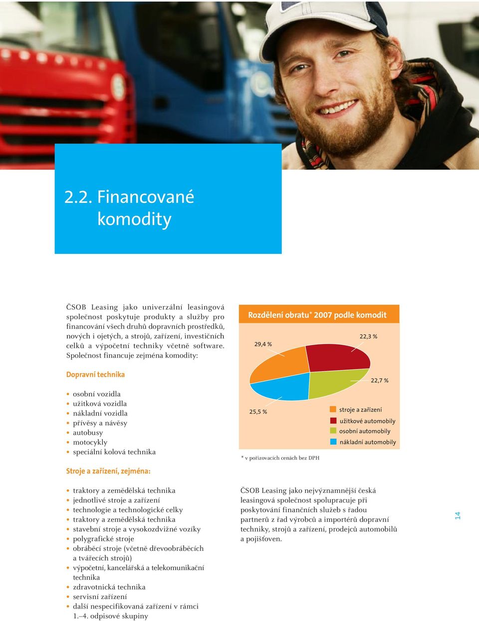 Společnost financuje zejména komodity: Dopravní technika osobní vozidla užitková vozidla nákladní vozidla přívěsy a návěsy autobusy motocykly speciální kolová technika Stroje a zařízení, zejména: