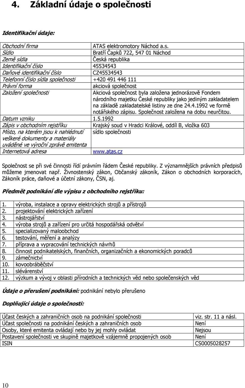 i Identifikační údaje: Obchodní firma ATAS elektromotory Náchod a.s.