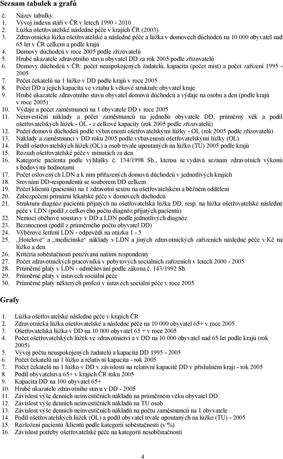 Hrubé ukazatele zdravotního stavu obyvatel DD za rok 2005 podle zřizovatelů 6. Domovy důchodců v ČR: počet neuspokojených žadatelů, kapacita (počet míst) a počet zařízení 1995-2005 7.