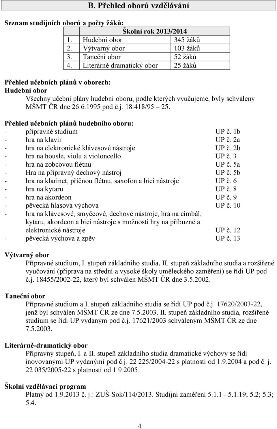 418/95 25. Přehled učebních plánů hudebního oboru: - přípravné studium UP č. 1b - hra na klavír UP č. 2a - hra na elektronické klávesové nástroje UP č. 2b - hra na housle, violu a violoncello UP č.