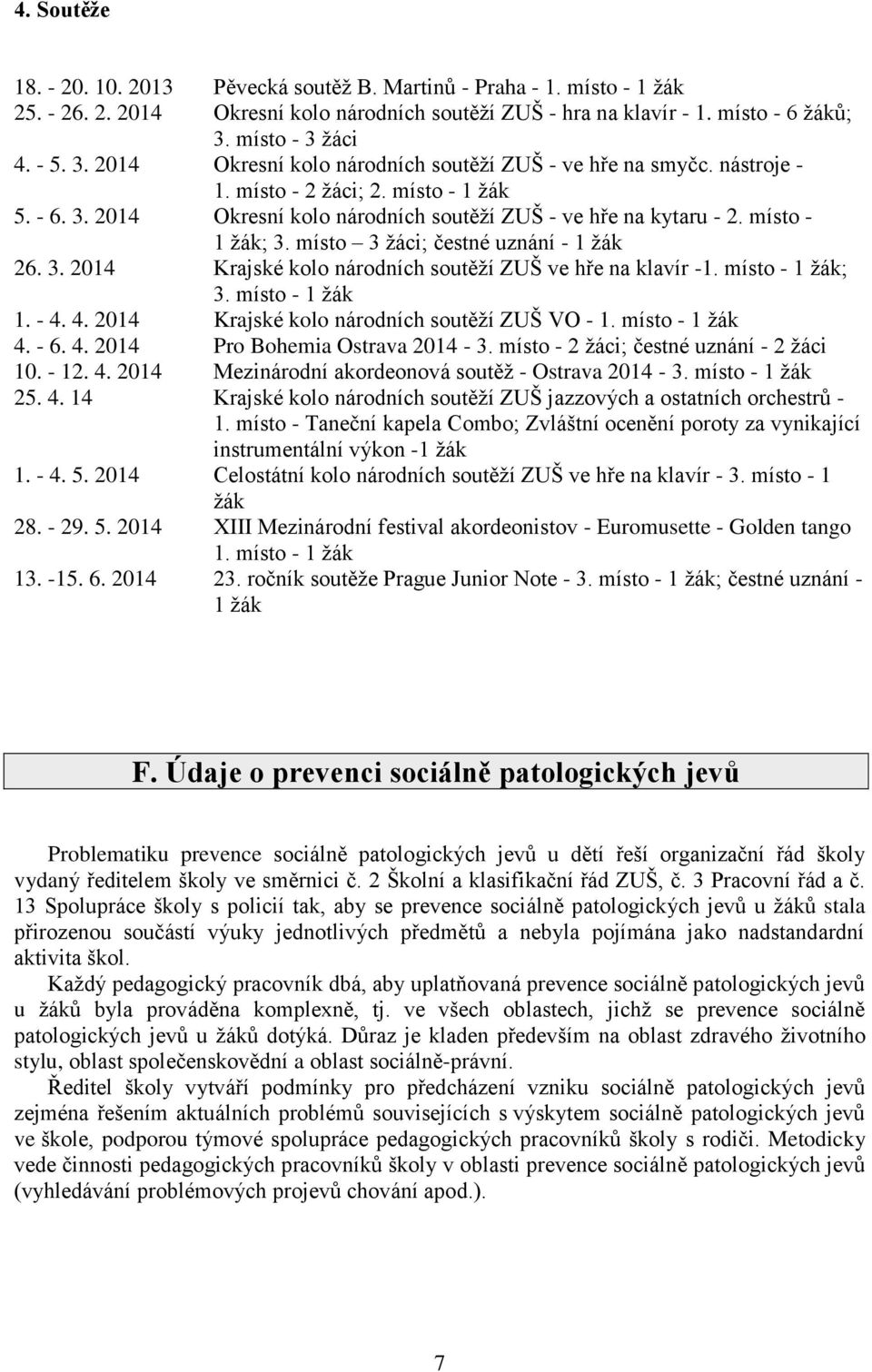 místo - 1 žák; 3. místo 3 žáci; čestné uznání - 1 žák 26. 3. 2014 Krajské kolo národních soutěží ZUŠ ve hře na klavír -1. místo - 1 žák; 3. místo - 1 žák 1. - 4.