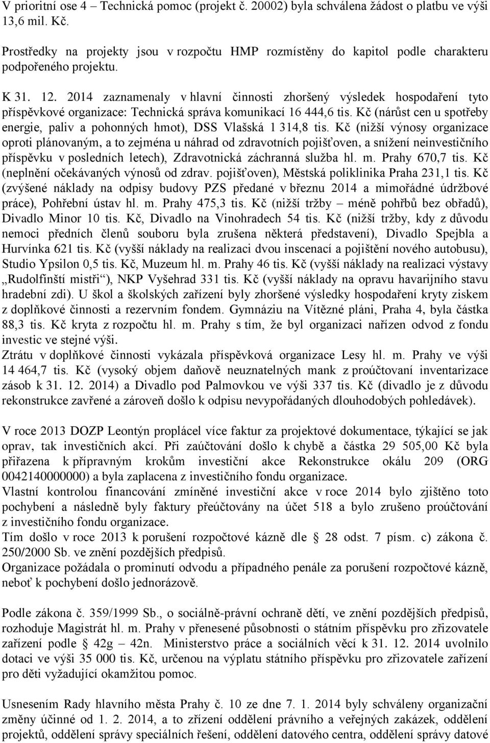 2014 zaznamenaly v hlavní činnosti zhoršený výsledek hospodaření tyto příspěvkové organizace: Technická správa komunikací 16 444,6 tis.