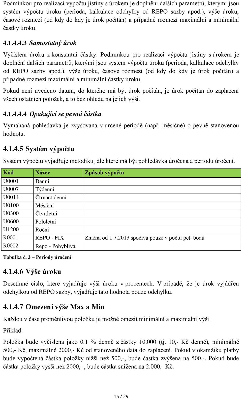 ), výše úroku, časové rozmezí (od kdy do kdy je úrok počítán) a případné rozmezí maximální a minimální částky úroku.