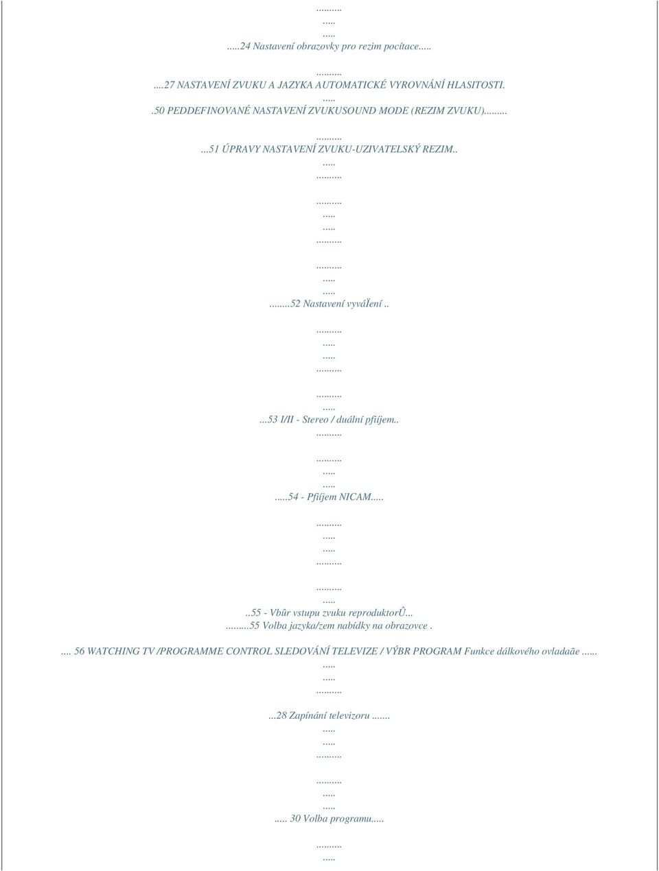 ....53 I/II - Stereo / duální pfiíjem.. 54 - Pfiíjem NICAM..55 - Vbûr vstupu zvuku reproduktorû.