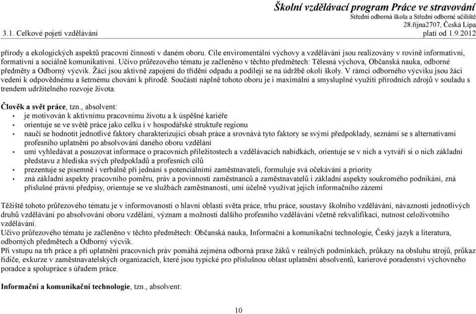 Učivo průřezového tématu je začleněno v těchto předmětech: Tělesná výchova, Občanská nauka, odborné předměty a Odborný výcvik.